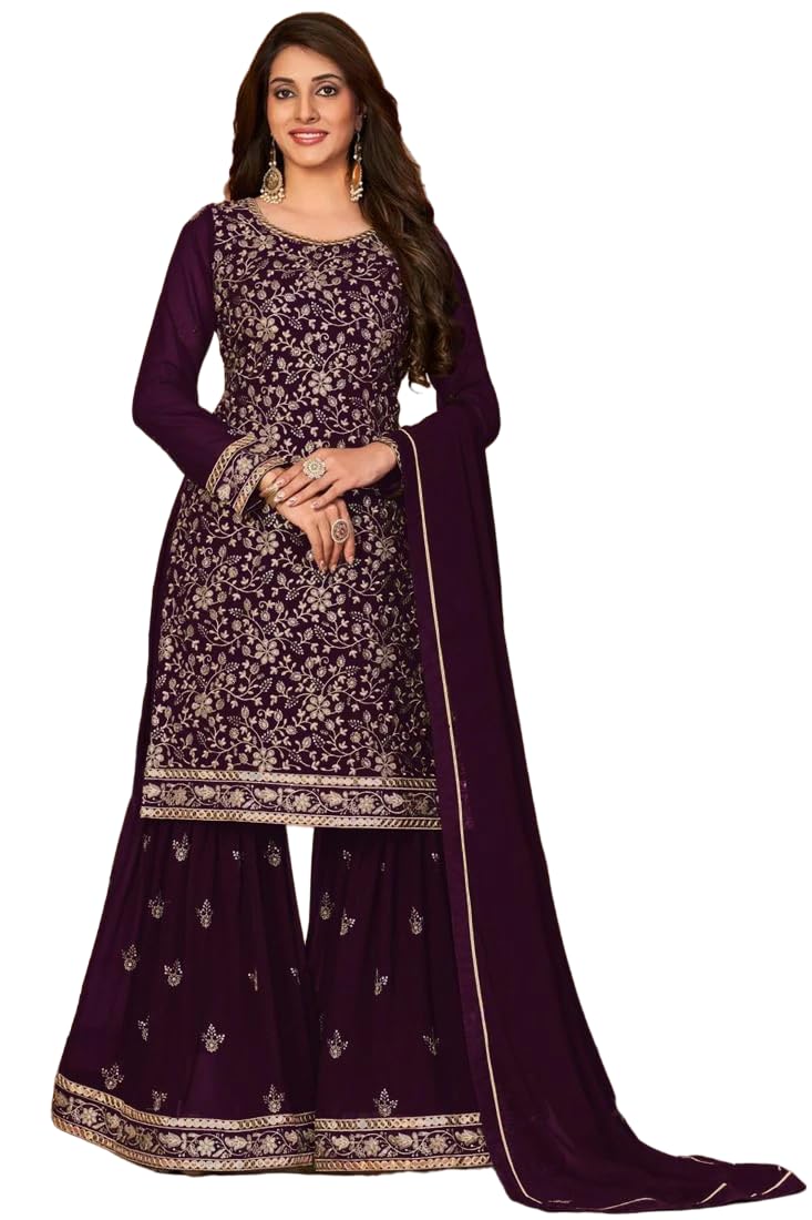 Xomantic Fashion Women's Embroidered Georgette Pakistani Suit Salwar Kamez Dupatta Set(Small, Dark Wine)