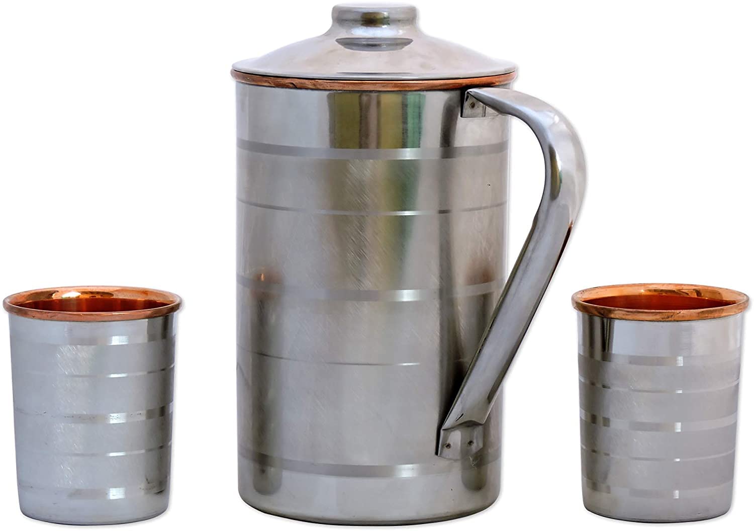 Copper and Stainless Steel Water Pitcher 1.5L (50.72 US Fl Oz) Capacity with 2 Matching Tumblers, Heavy Duty Steel and Pure Copper Water Jug for Ayurveda Health Benefits