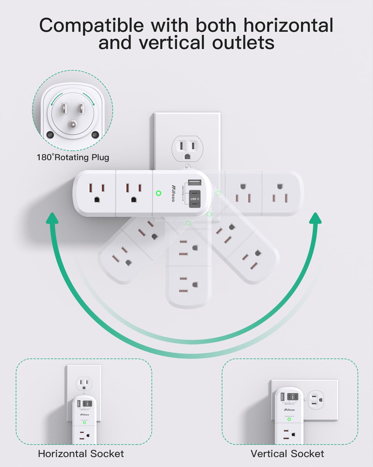 PD20W USB Outlet Extender Surge Protector - with Rotating Plug, 6 AC Multi Plug and 3 USB Ports (2 C), 3-Sided Swivel Power Strip Spaced Splitter for Home, Office, Travel — view 2