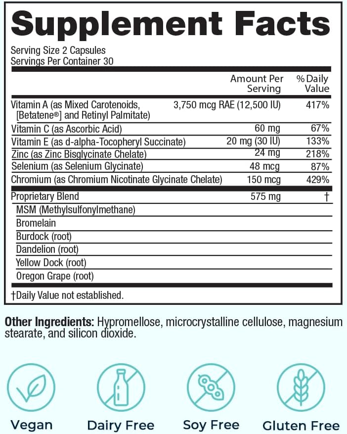 VitaMedica Clear Skin Vitamin Formula | Noncystic Acne Supplement for Skin Clearing | Clear Complexion for Women and Men | Vitamins A, C, E, Selenium, Chromium, and Zinc for Skin Health | 60 Count - Image 3