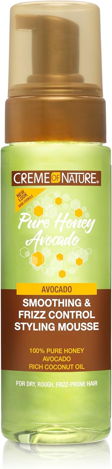 Creme of Nature, Pure Honey Hair Food Avocado, Avocado-olie en Honey Styling Mousse, definieert krullen en vermindert kroezen, stylingbehandeling voor pluizig krullend haar, 207 ml