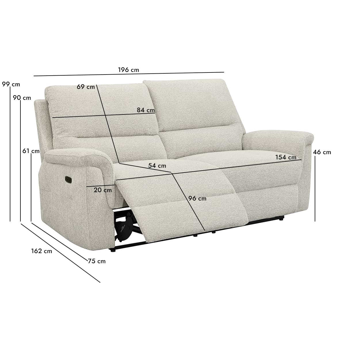Meubletmoi Divano Relax 3 posti L. 196 cm Doppia Seduta Elettrica Motorizzata in Tessuto Morbido Beige - Atmosfera Moderna e Relax - Leonie