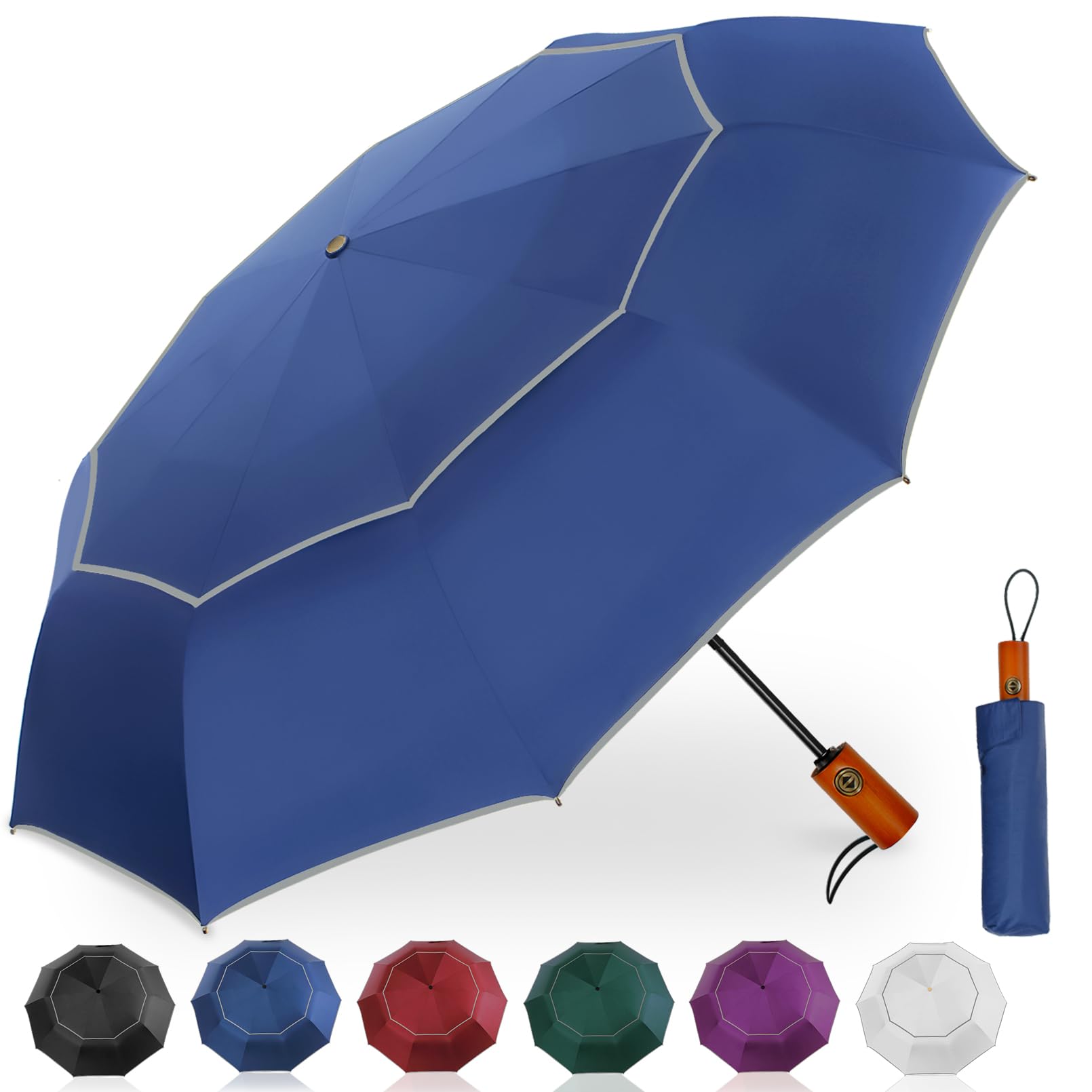 Satol Large Compact Golf Umbrella for Rain, 46Inch Windproof 10 Ribs Double Canopy Vented Automatic Open/Close Travel Umbrella with Reflective Strips, Lightweight UV Protection Umbrellas for Outdoor — image 1