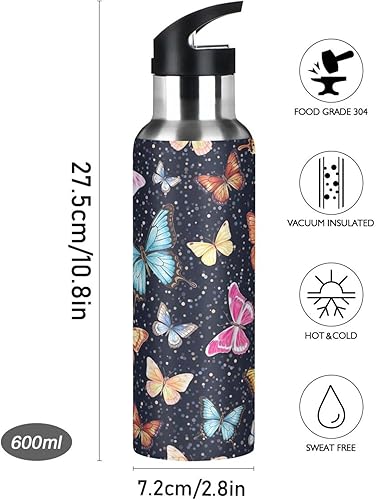 Miniatura 9 de Stainless Steel Water Bottle 20 Oz, Leakproof Water Bottles for Gym Outdoor Travel School, Colorful Butterflies Black