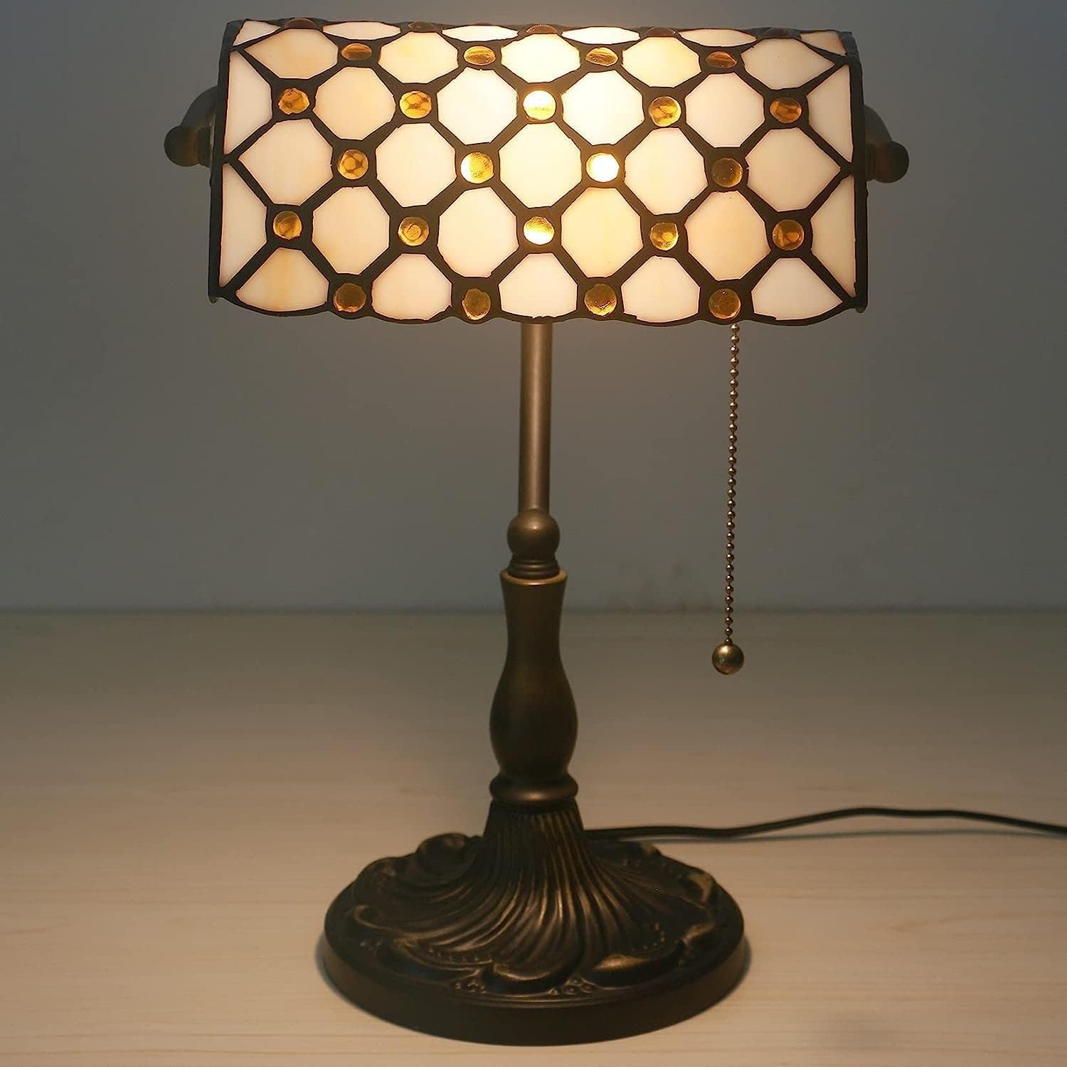 Bankiers Tischlampe, farbige Glaslampe, Kristallperlenschreibtischlampe, Schlafzimmer in der Nacht Leselampe (beige brauner Glasperlenschatten) Innovate