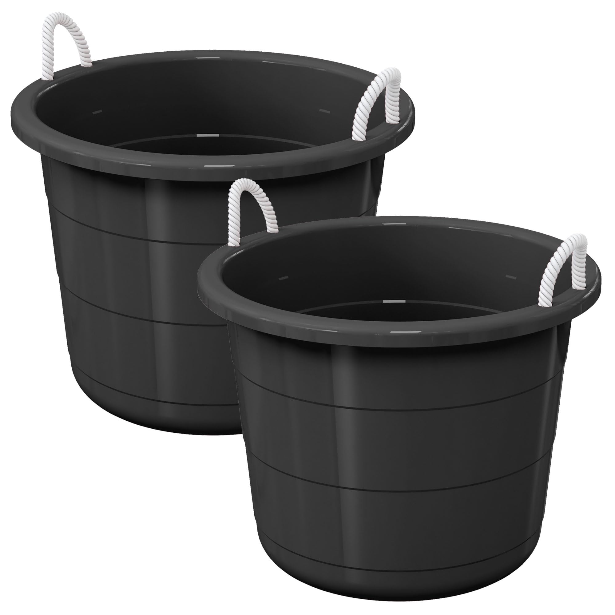 Life Story Open Storage Bucket, Round Plastic Container with Rope Handles, 17 Gallon, Black, 2 Pack