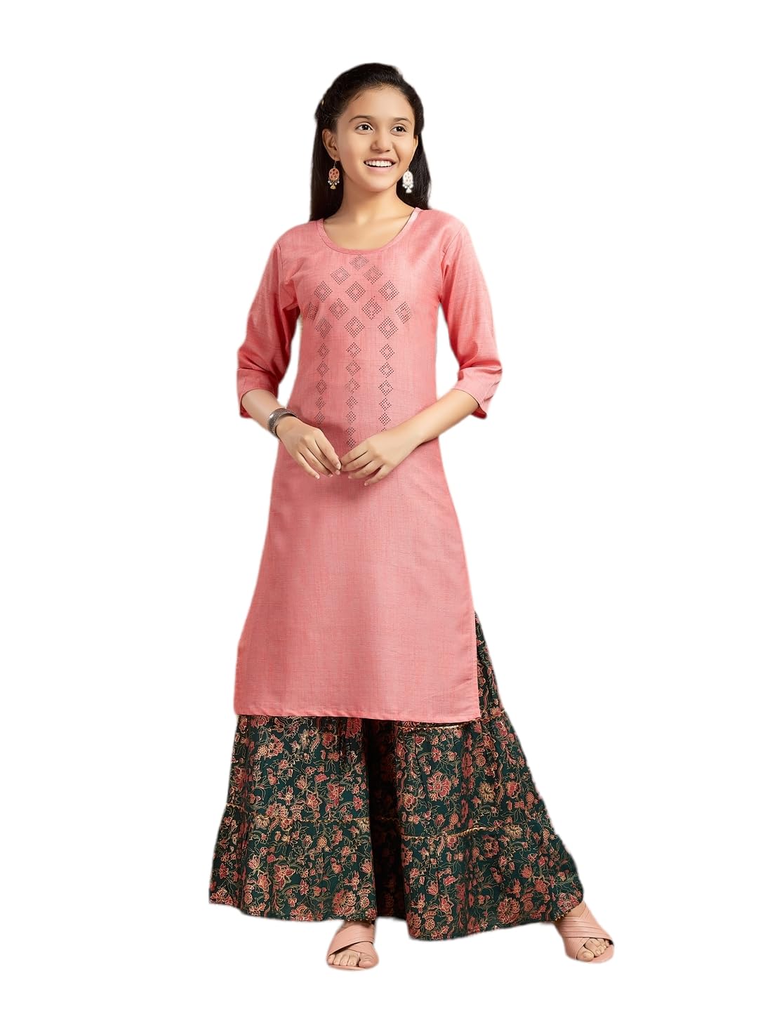 Aarika Girls Casual Wear Peach Colour Embellished Cotton Kurti (9-16 Years)