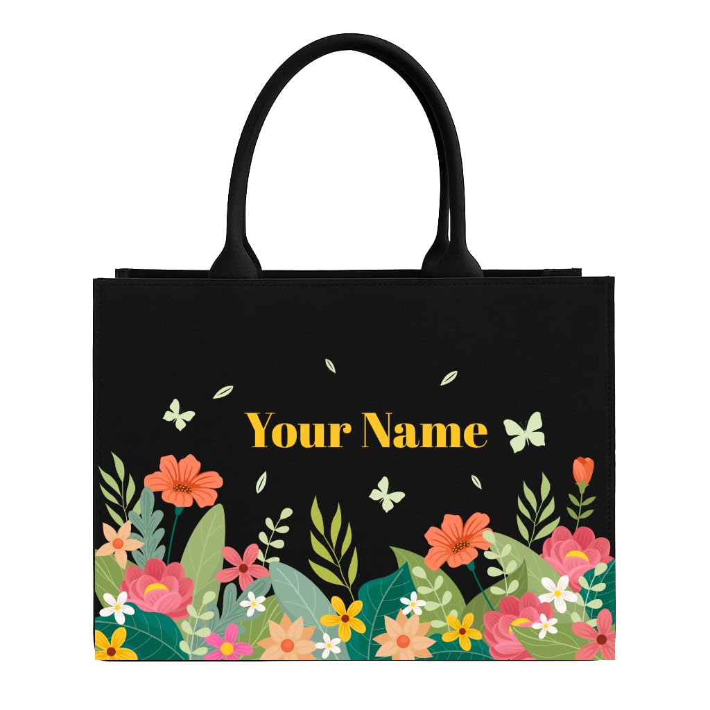 Personalized Floral Tote Bag, Black with Colorful Floral Design, Custom Name Printing, 30.5 x 40.6 x 12.7 cm-image-5