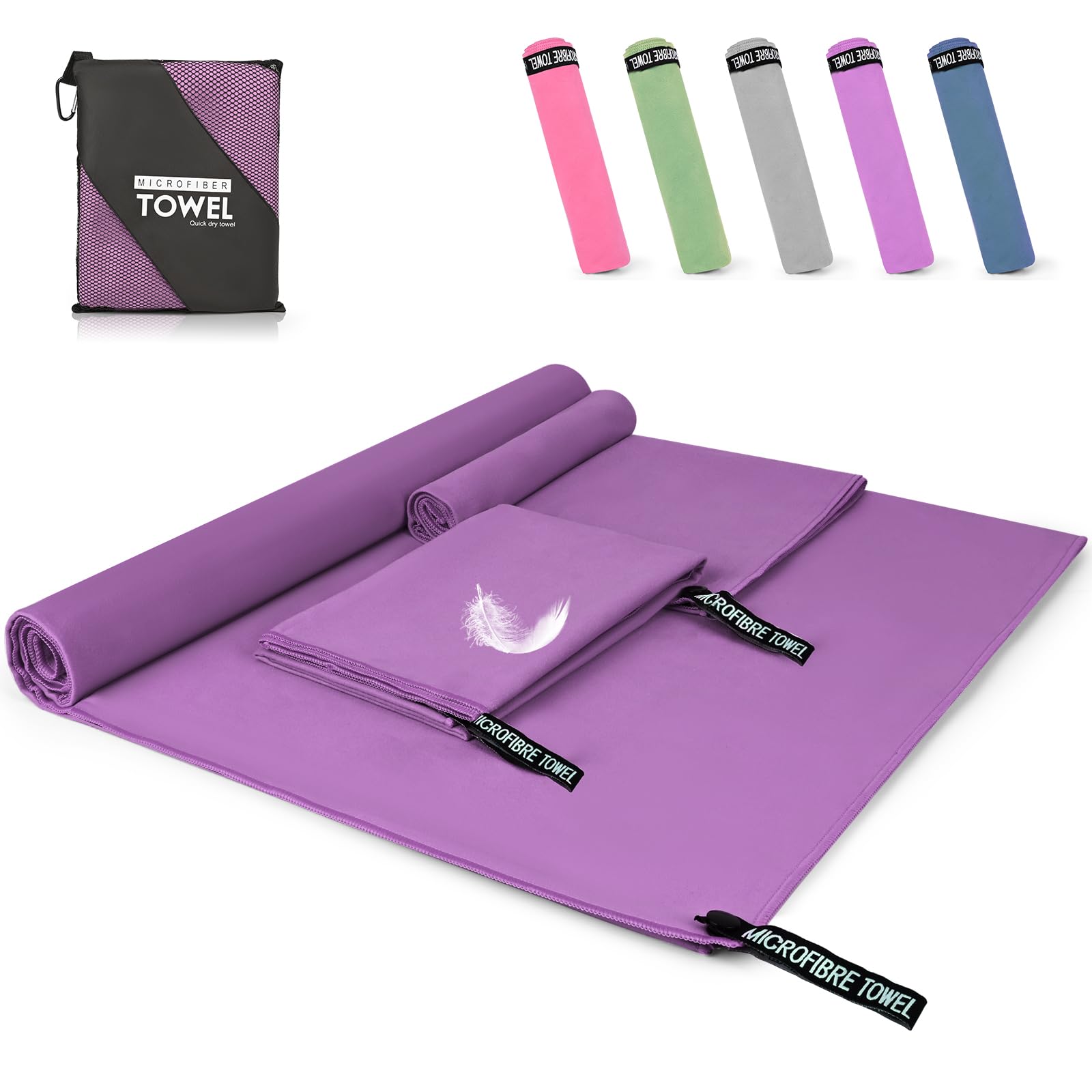 Pfloge® Asciugamano Microfibra Set di 3, 180x80cm Asciugamano Palestra Grande & 2 Pezzi 80x40cm Telo Mare Microfibra, Compatto & Ultraleggero, per Fitness, Sauna, Spiaggia, Viaggi(Viola)