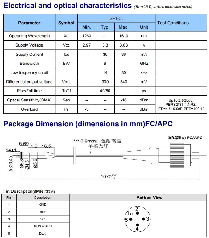 Rosa Module,Pin diode 1310nm1550nm 2.5G Laser Photo Detector with FCAPC Pigtail Connector
