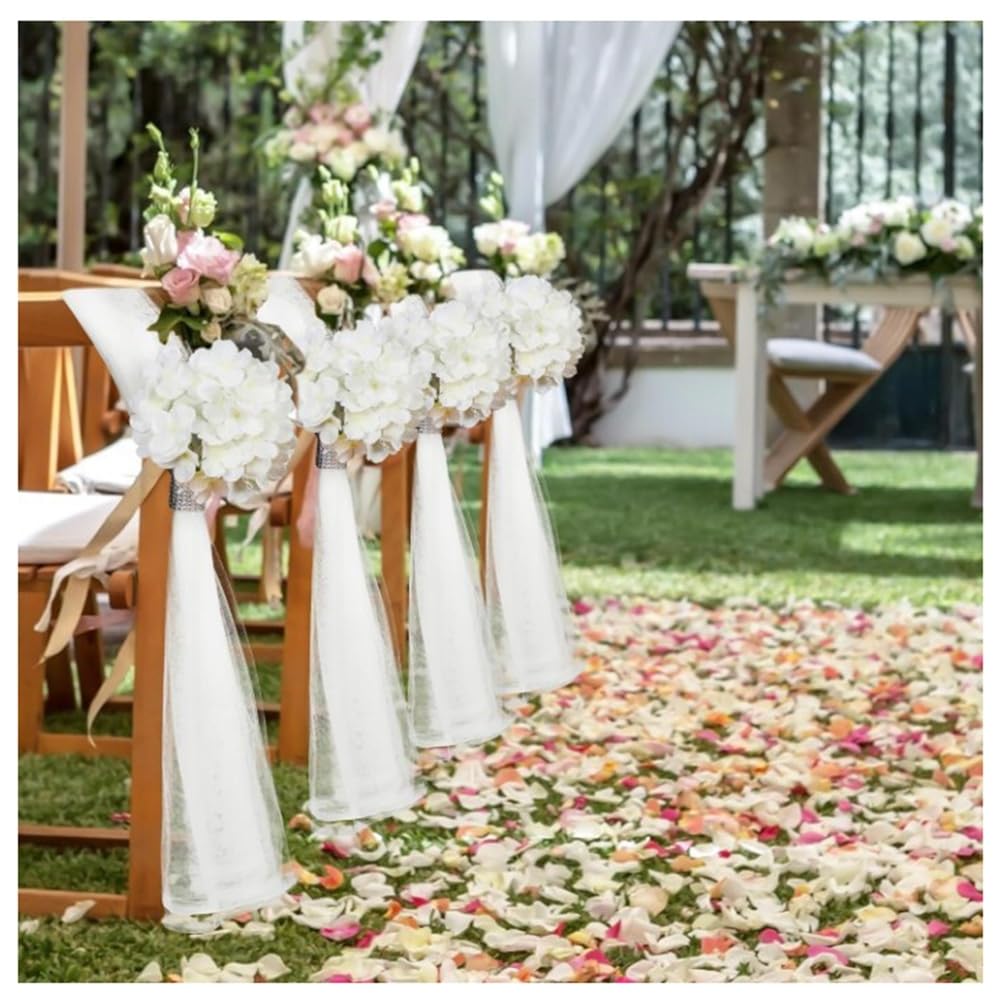 Hochzeit Gang Dekorationen für Zeremonie Hochzeitsstuhl Kirchendekorationen Langen Tüllschwänzen mit Strass-Wickel und Blumen für Hochzeiten Bank Brautparty Kirchenbänke Weiße Hortensie 24 Set