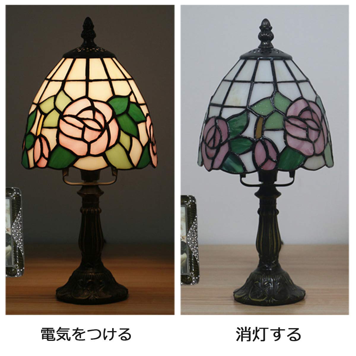 バラの花デザイン テーブルランプ ナイトスタンド ステンドグラスランプ