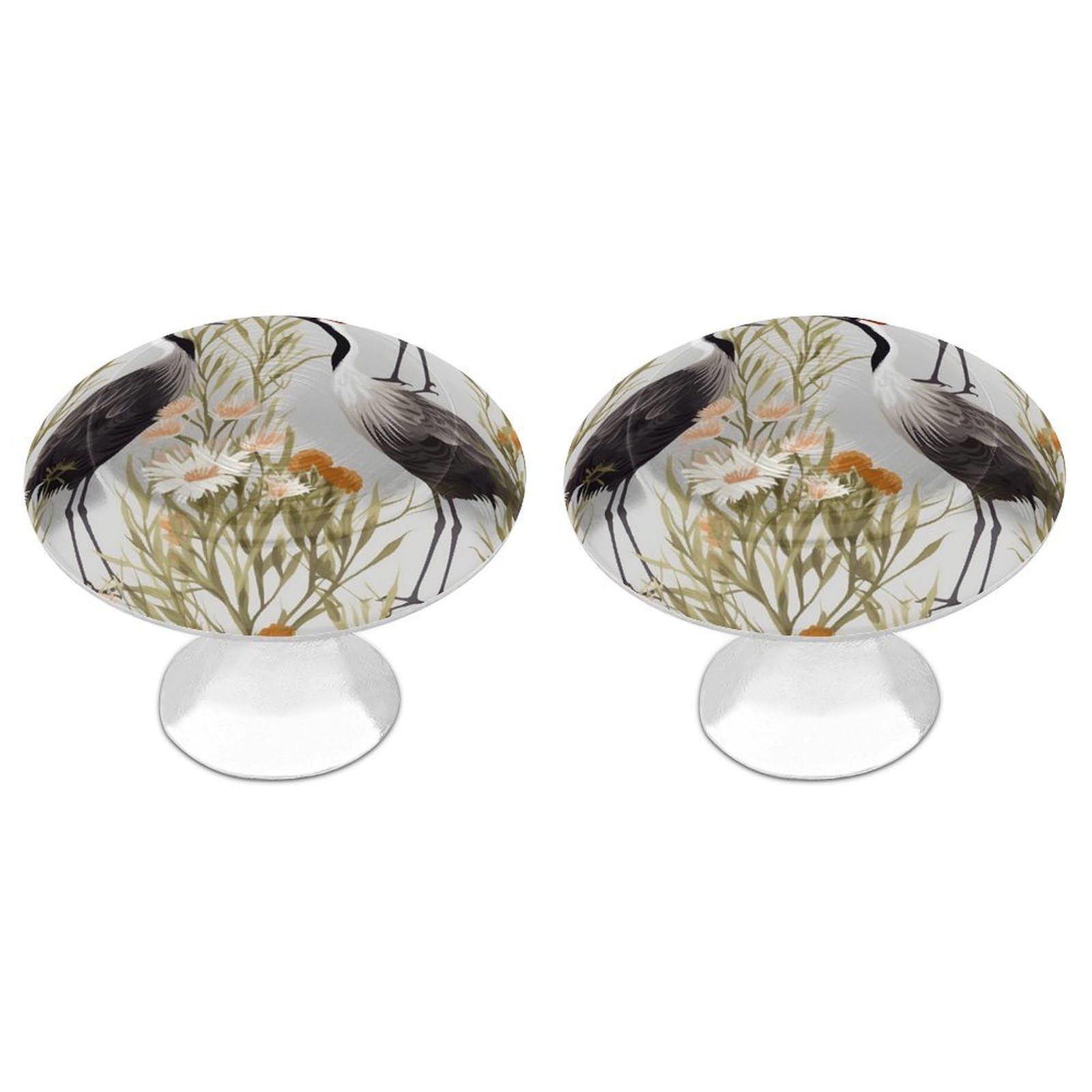 QMNLKH Crane Bird Wild Plants Cabinet Knobs for Home, Round Drawer Pulls for Kitchen, Personalized Cupboard Handles with Screw, Fashion Dresser Knobs for Office, Drawer Handles, 2 Packs