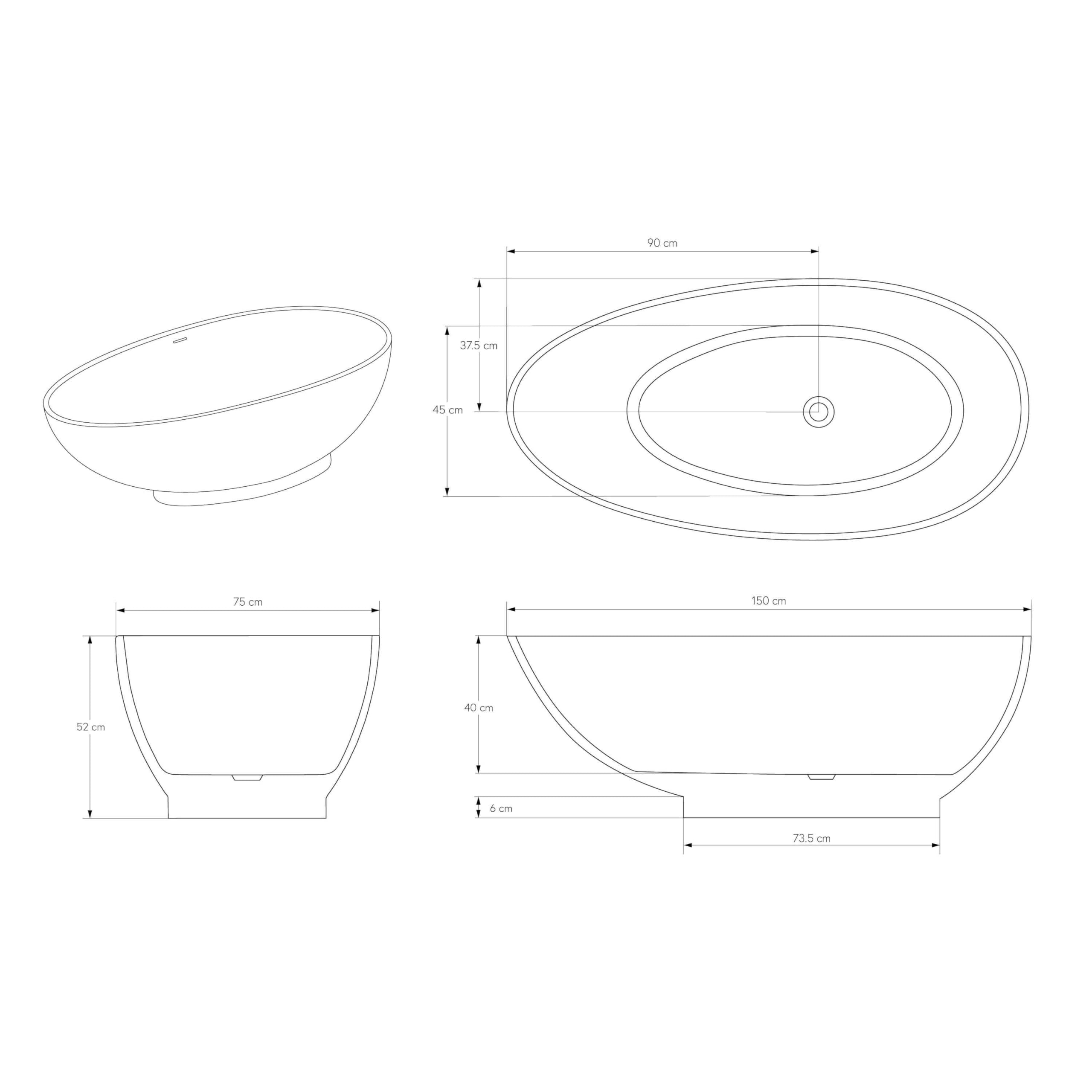 Bernstein Freistehende Badewanne VIGO 150 x 75 cm Mineralguss Weiß