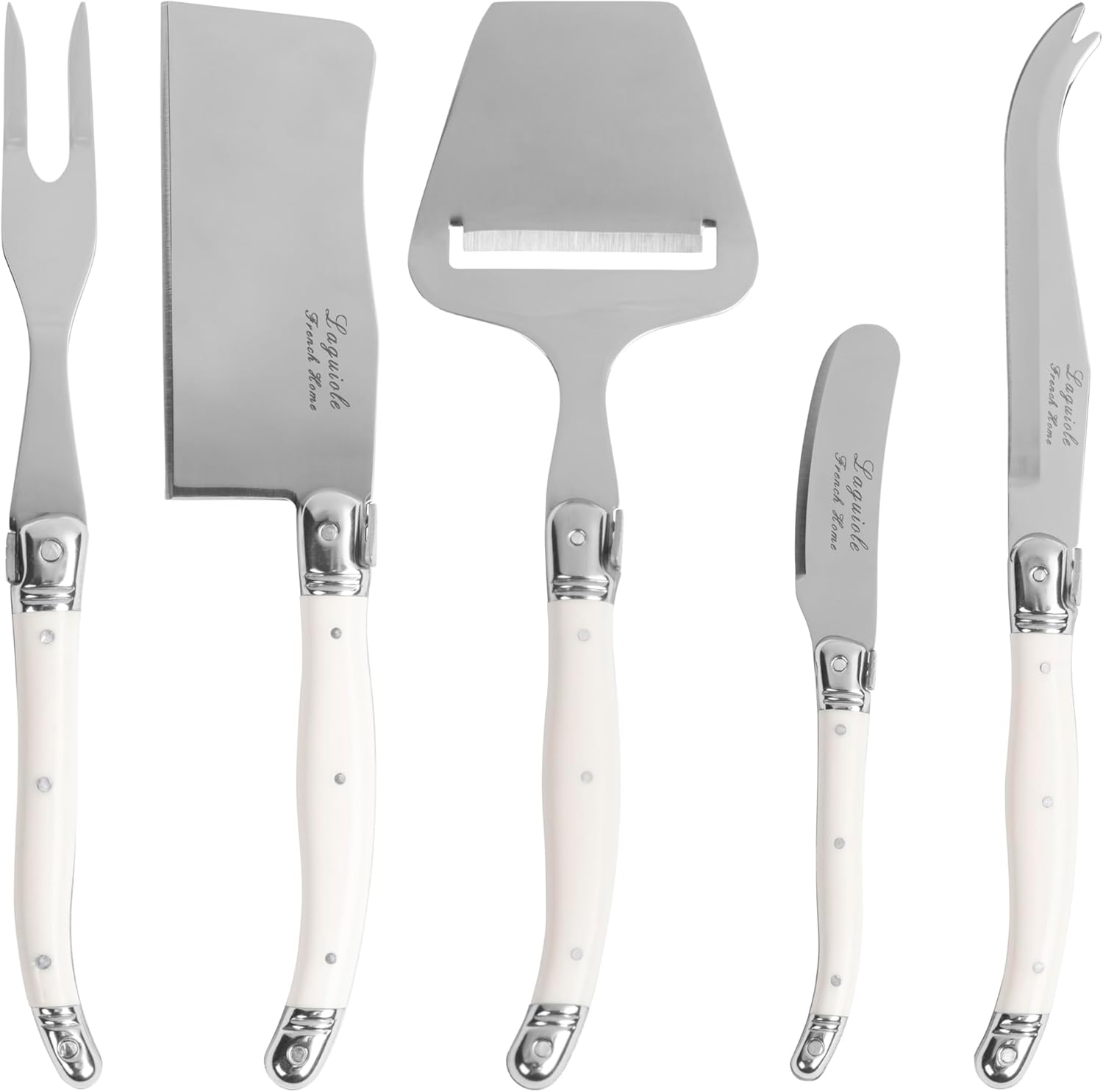French Home 5-Piece Laguiole Cheese Knives Set with Fork and Slicer – Versatile Charcuterie Board Accessories with Three-Rivet Ivory-Colored Handles & Iconic Bee Emblem French Home 5-Piece Laguiole Cheese Knives Set with Fork and Slicer – Versatile Charcuterie Board Accessories with Three-Rivet Ivory-Colored Handles & Iconic Bee Emblem