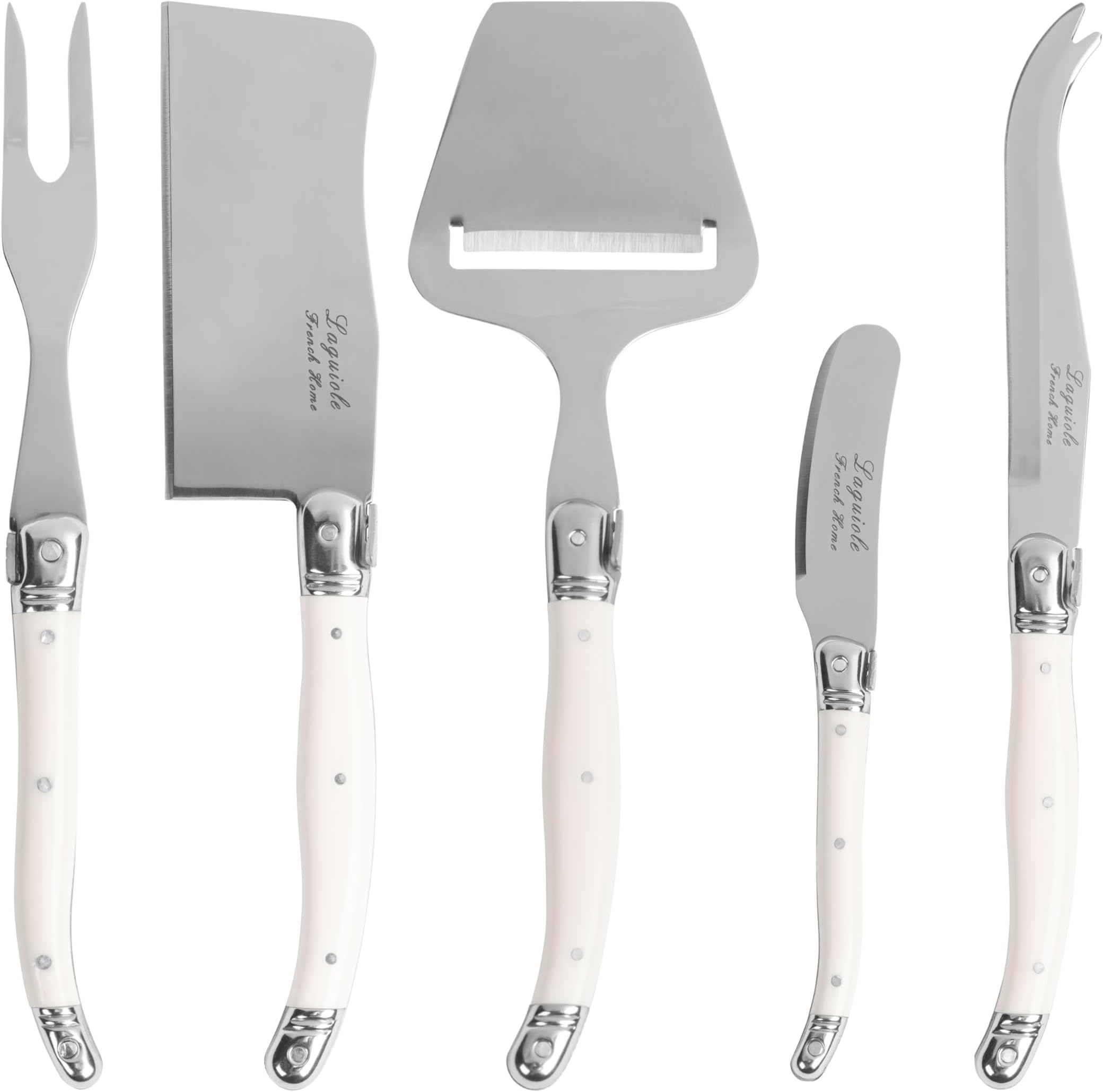 French Home 5-Piece Laguiole Cheese Knives Set with Fork and Slicer – Versatile Charcuterie Board Accessories with Three-Rivet Ivory-Colored Handles & Iconic Bee Emblem