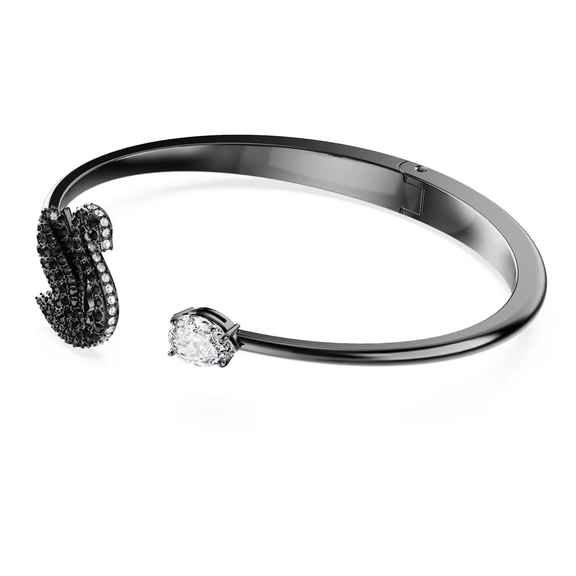 Swarovski Swan Ruthenium überzogener Armreif für Damen, Größe M, Schwarz, Medium, Kristall, Kein Edelstein