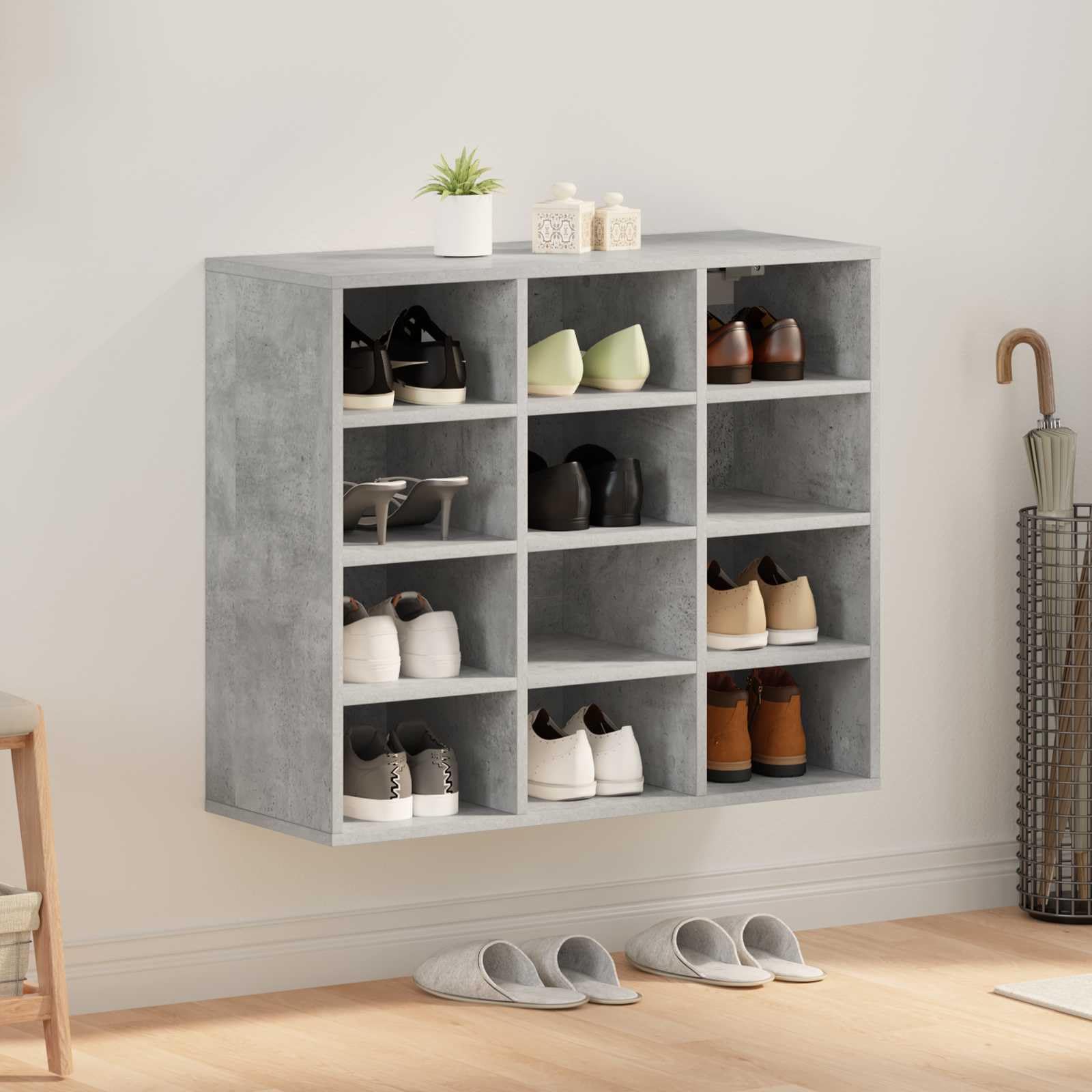 Cabinet à chaussures gris béton en bois d'ingénierie : étagère empilable couloir