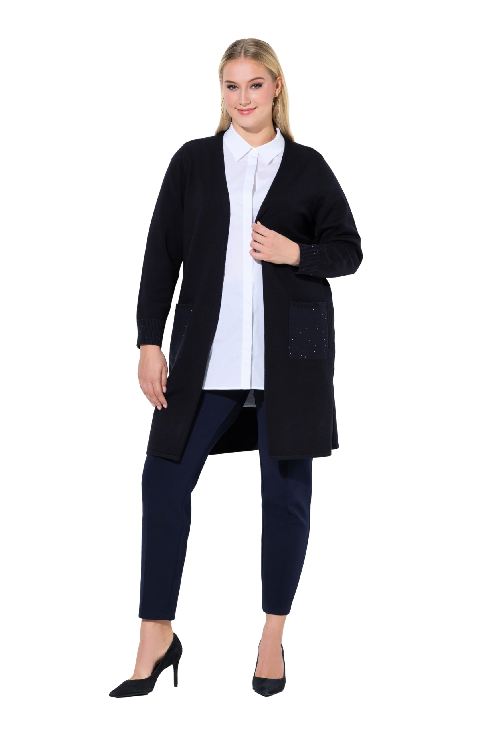 Ulla Popken Damen große Größen Übergrößen Plus Size Long-Strickjacke, Pailletten, V-Ausschnitt, Langarm 846348
