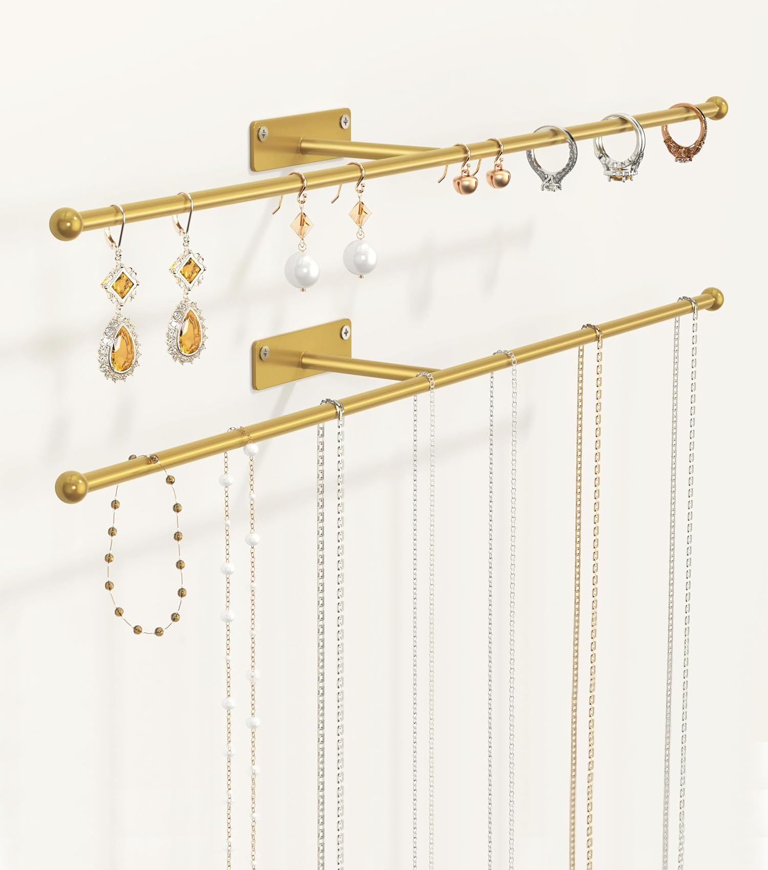 Josmimic Organisateur de bijoux mural : support de collier de 35 cm pour boucles d'oreilles, bracelets, bagues, bandeaux, lunettes, doré, lot de 2, vis incluses