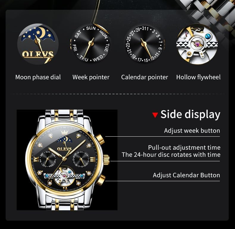 Miniatura 7 de OLEVS Relojes para hombre automático esqueleto 5 manecillas mecánico reloj de lujo clásico calendario acero inoxidable impermeable reloj de pulsera