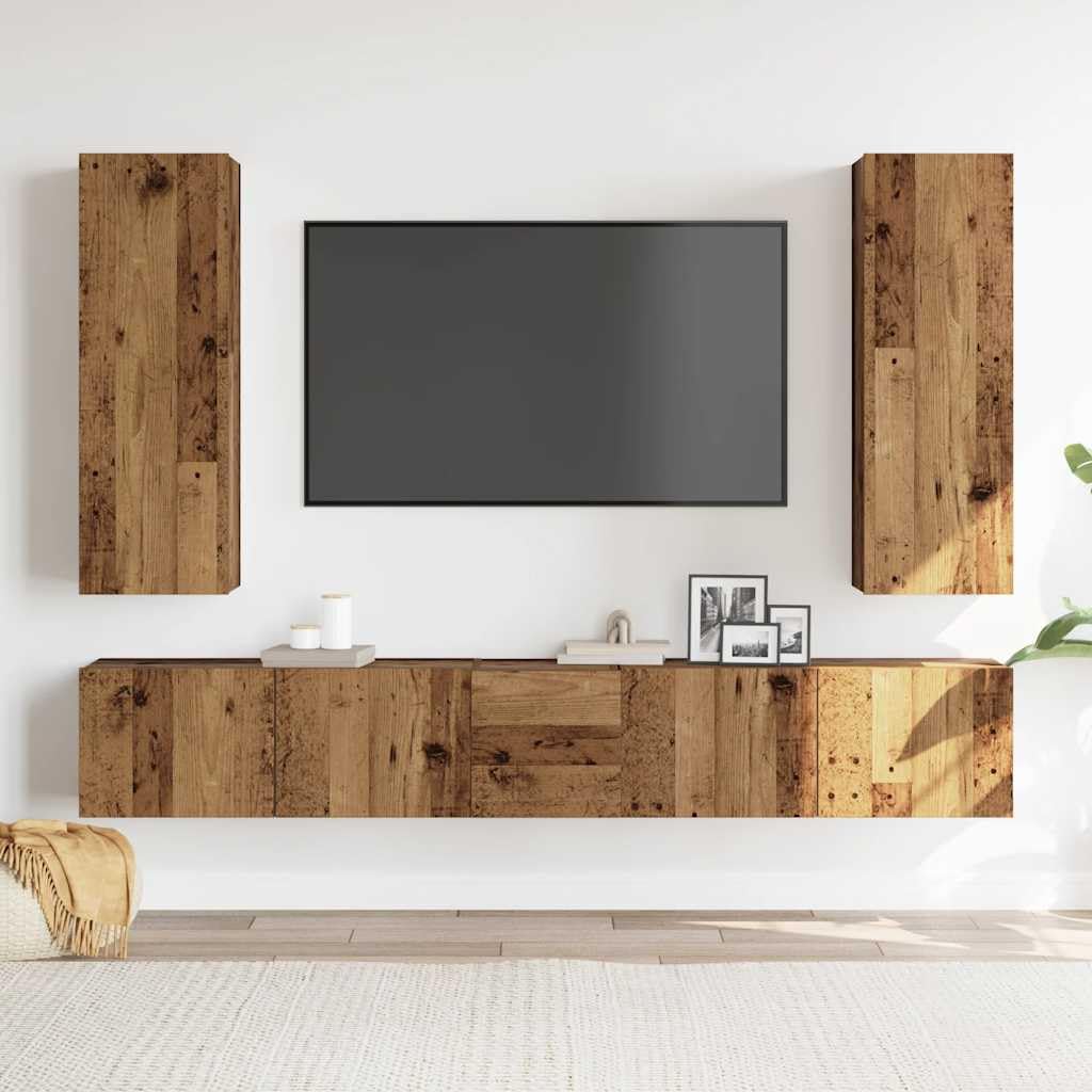 5-częściowy zestaw do montażu na ścianie, imitacja starego drewna, 80 x 30 x 30 cm, nowoczesny regał na media do salonu, sypialni, oszczędność miejsca