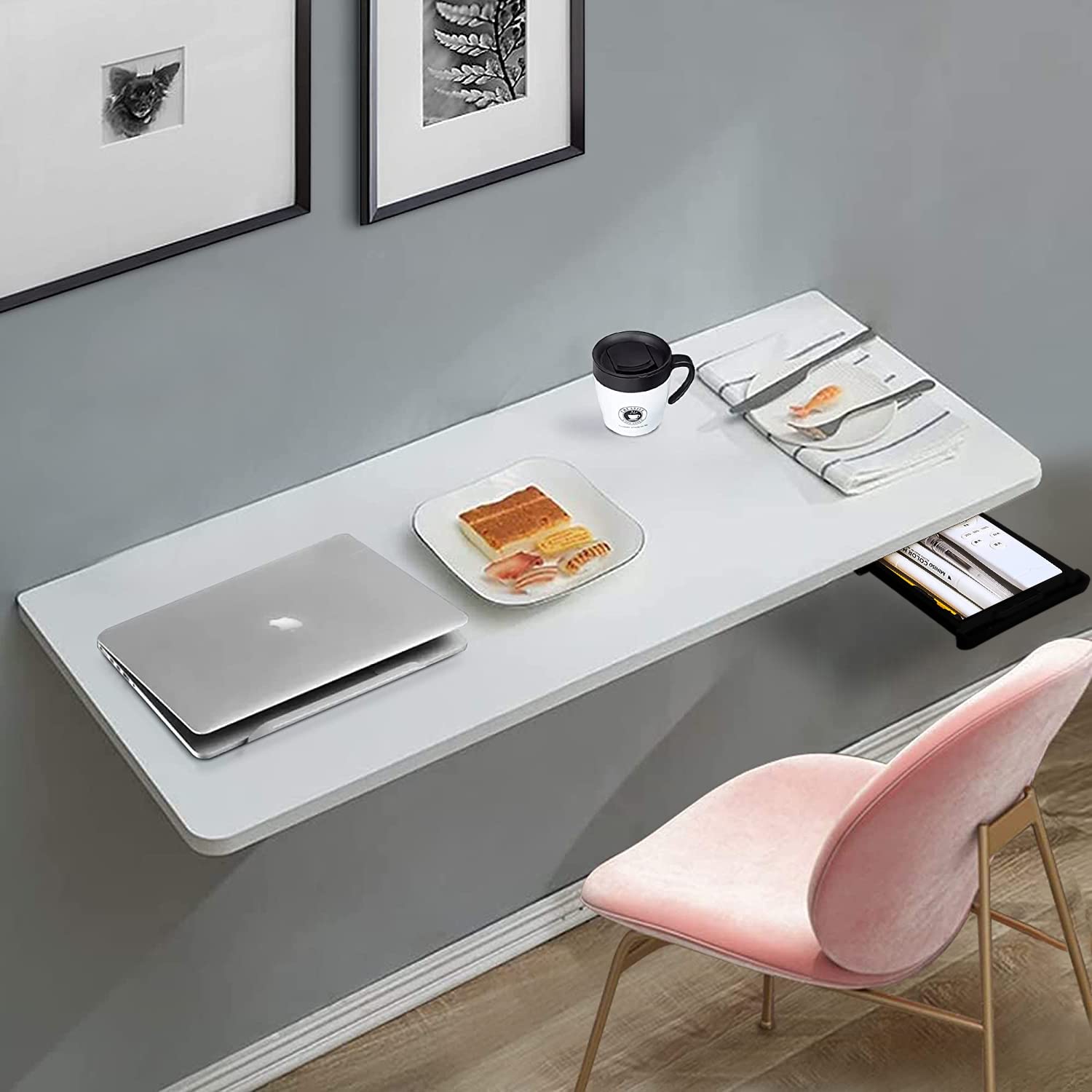 Torche 16x31 Inch Wall Mounted Folding Round Corner Study Table with Drawer—Foldable Laptop Desk for Home & Office, Space-Saving & Stylish