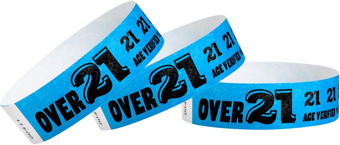 500 WristCo Over 21 Neon Blue Tyvek Wristbands for Events - ¾” x 10” - Waterproof Recyclable Comfortable Tear Resistant Paper Bracelets Wrist Bands for Concerts Festivals Admission Party