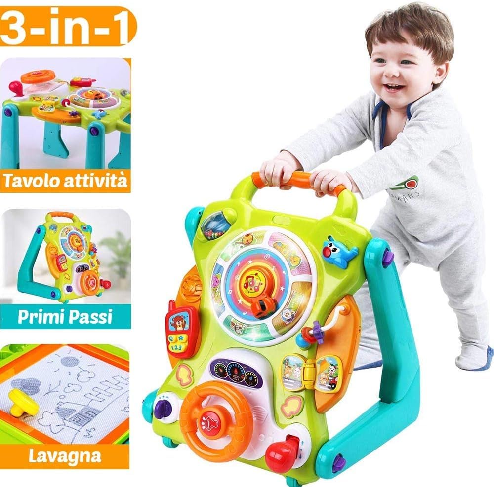 BAKAJI Primi Passi 3 in 1 Gioco Trasformabile in Tavolo, Centro Attività Giocattolo per Prima Infanzia, Supporto Camminata per Bambini, Funzione Trainante, Gioco Educativo con Luci e Suoni