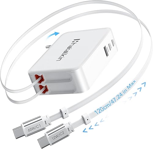 Cargador de 65 W para MacBook Pro, enchufe de cargador de pared retráctil 5 en 1 para iPhone 17, cable USB C PD dual de 3.94 pies y 3 puertos,