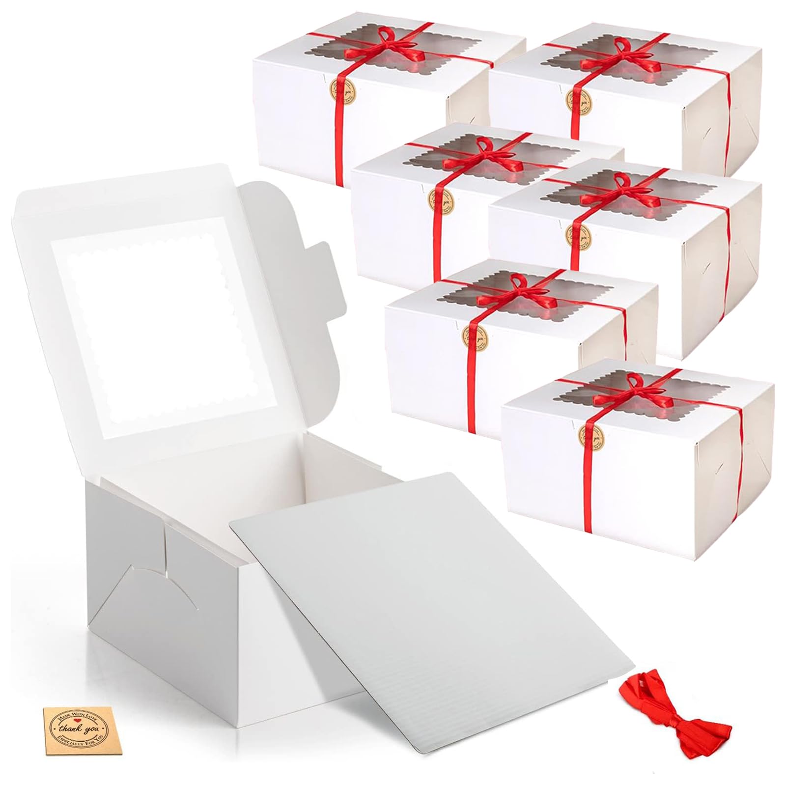 EDS Premium Quality Cake Box 10 Inch with Square Cake Board - Thick Cardboard Cake Boxes with PE Coating & Transparent Window - Ribbon and Sticker Included (PACK OF 6)