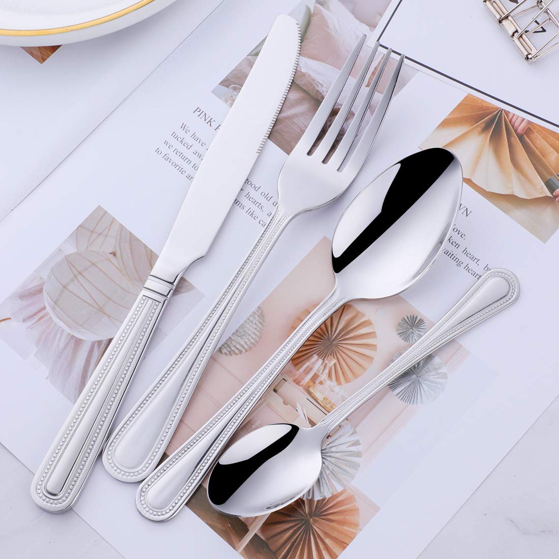 Buyer Star Set di posate, 24 coltelli da tavola in acciaio inox, forchette, cucchiai da dessert, cucchiaini da tè, set di posate classiche per 6, stoviglie di base lucidate a specchio