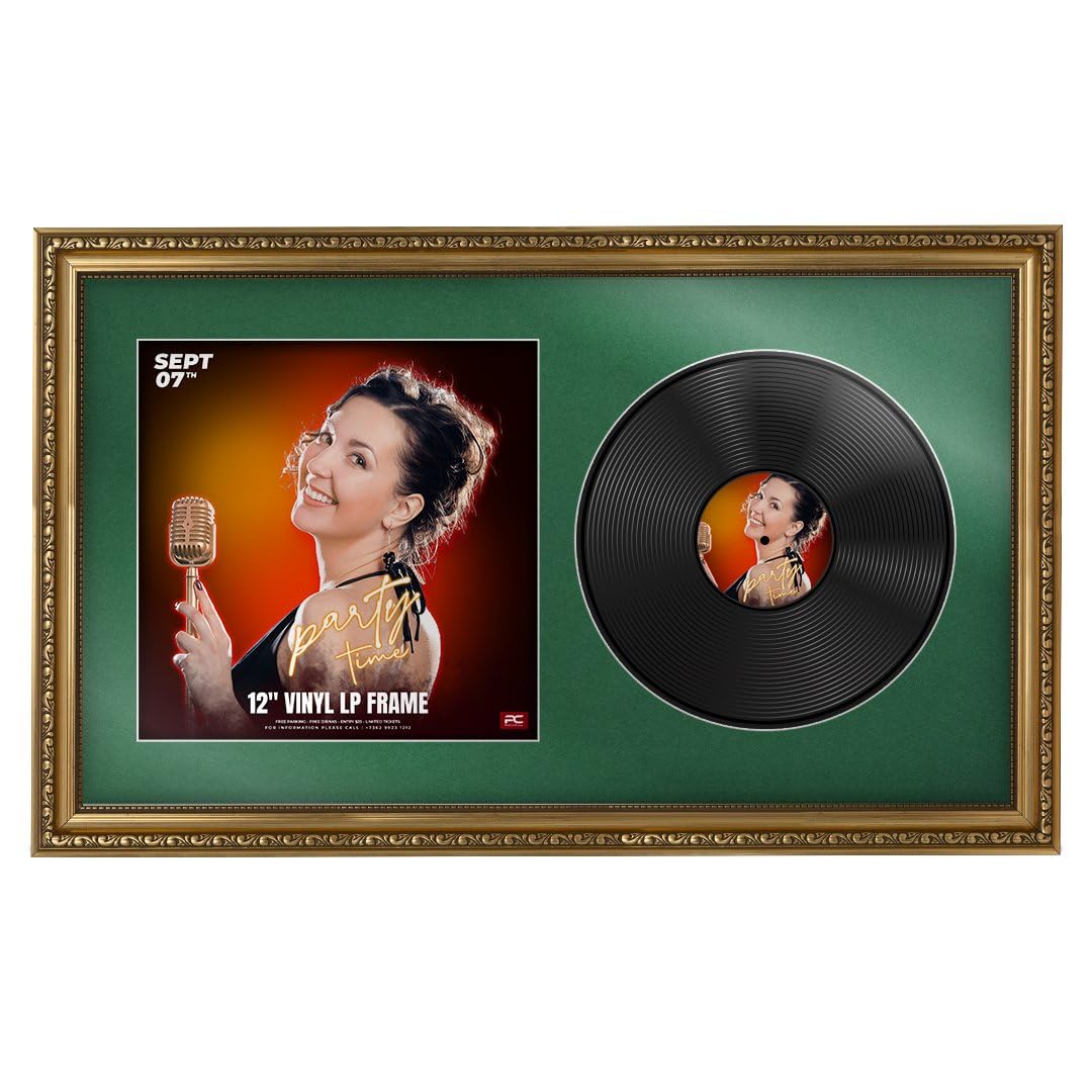 Procut Global 30X17" Gold Vinyl Record Frame for 12 Inch LP Cover & Disc - Ornate Display Photo Frame - Engineered Wood with Shatterproof Perspex - Music Lover Gift - Emerald Mount