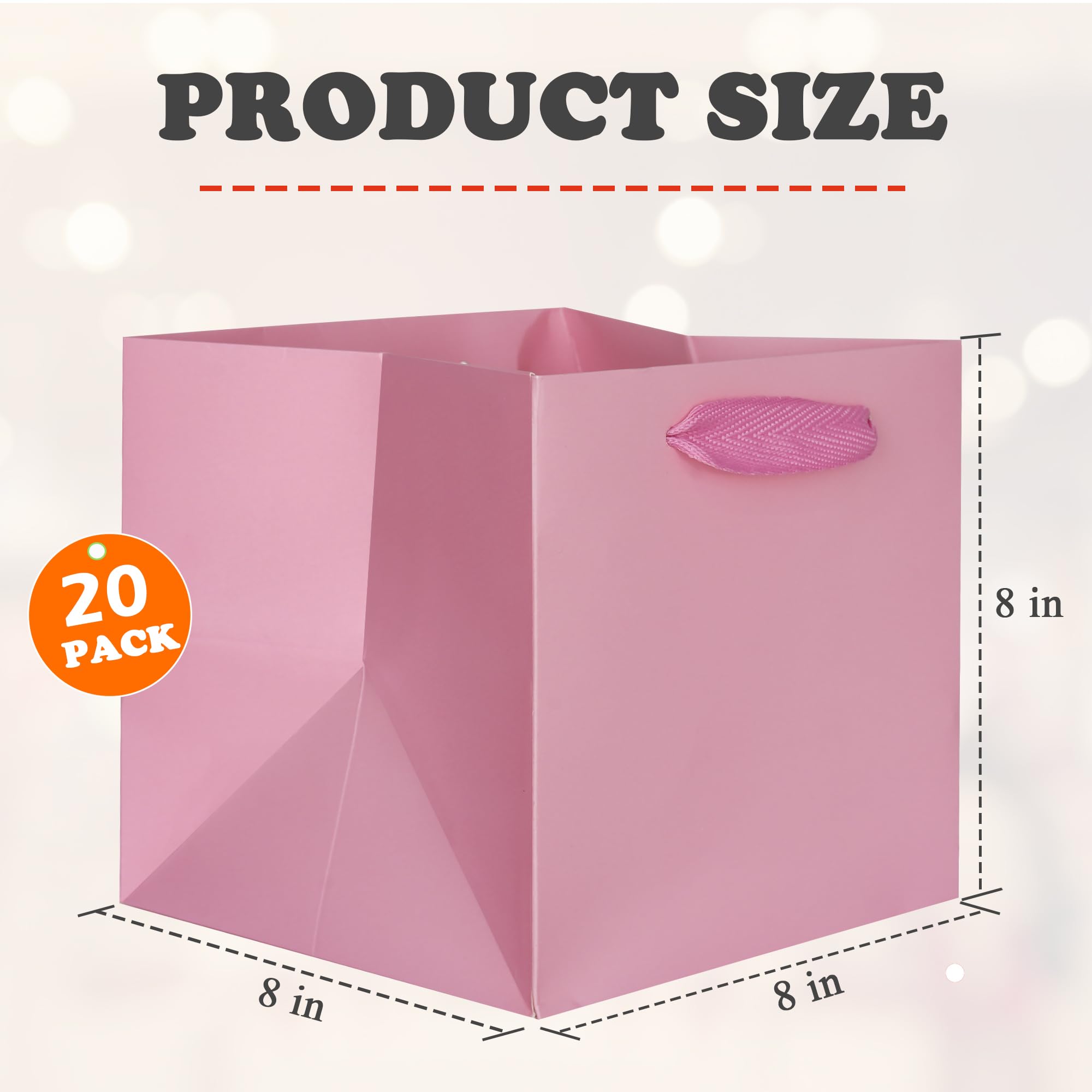 ADIDO EVA Różowe kwadratowe torby na prezenty, małe rozmiary, kwadratowe torby papierowe z uchwytami, na imprezę, torba na zakupy, 20 x 20 cm