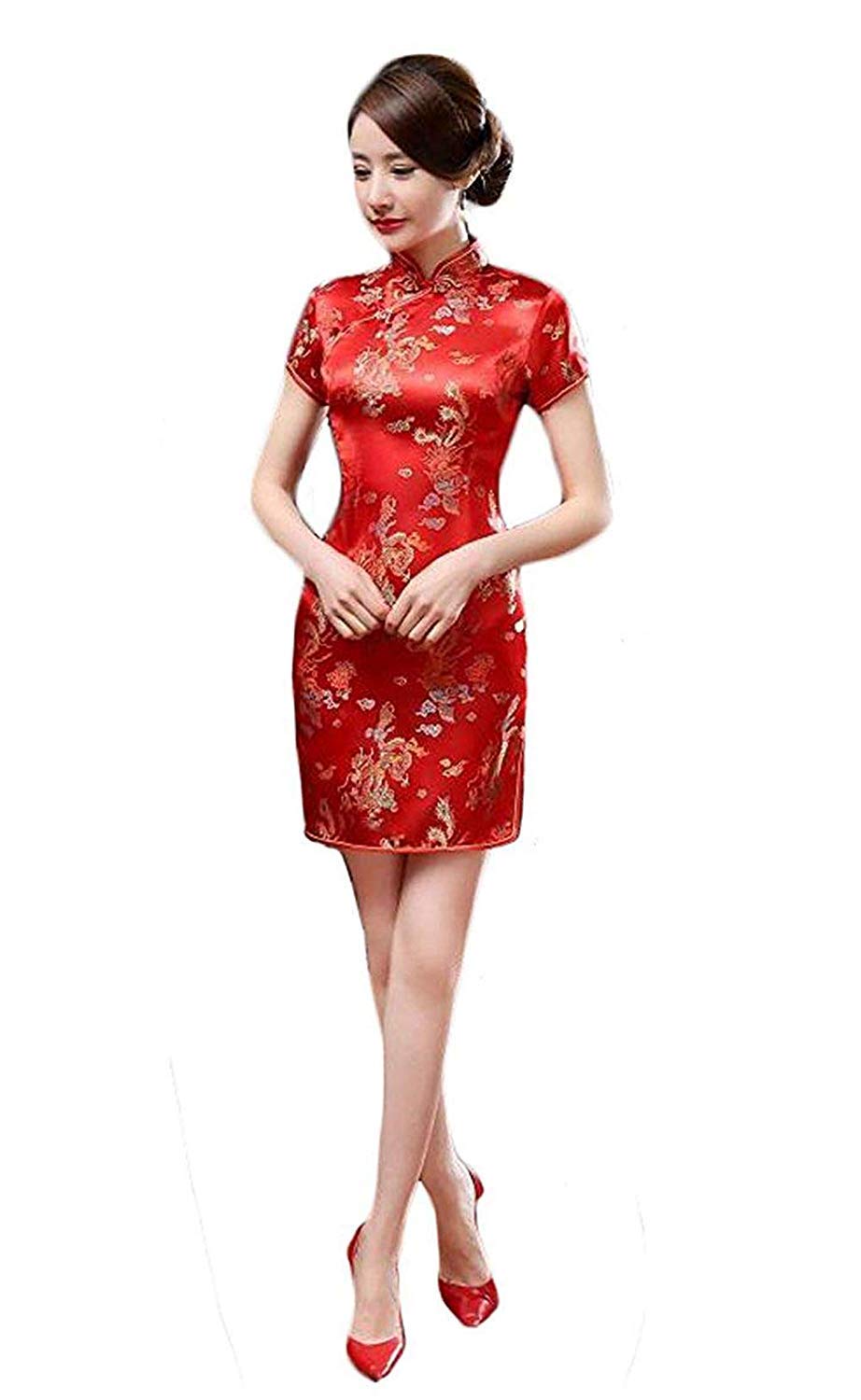 EXPOING Qipao - Vestido tradicional chino tradicional de manga corta brocado con diseño de dragón fénix para mujer