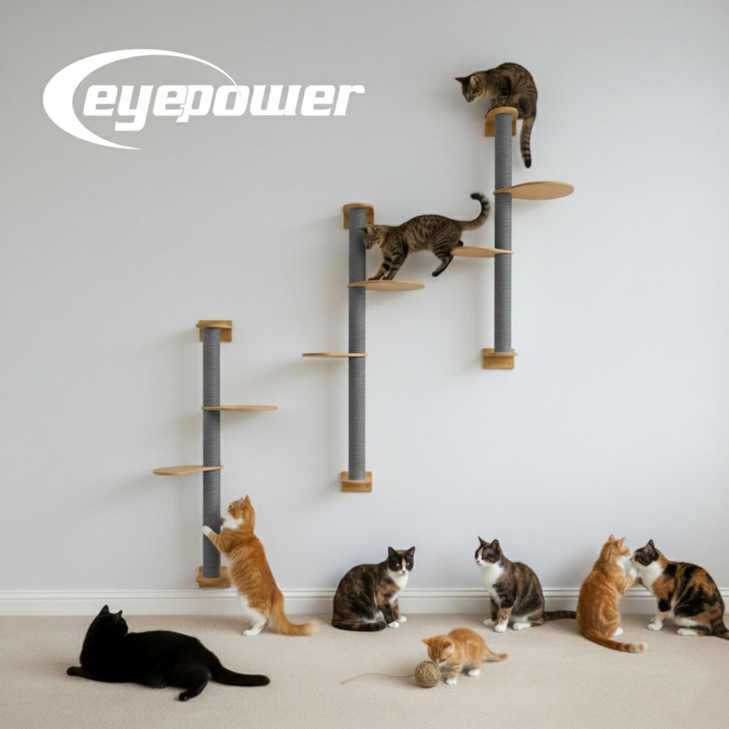 eyepower 205 cm Rascador de Pared Luna con 4 Plataformas de Bambú - Árbol para Gatos con Estanteria - Columna de Sisal Natural - Recorrido de Estantes - Torre Gato Estable - Poste Alto Fijación Mural