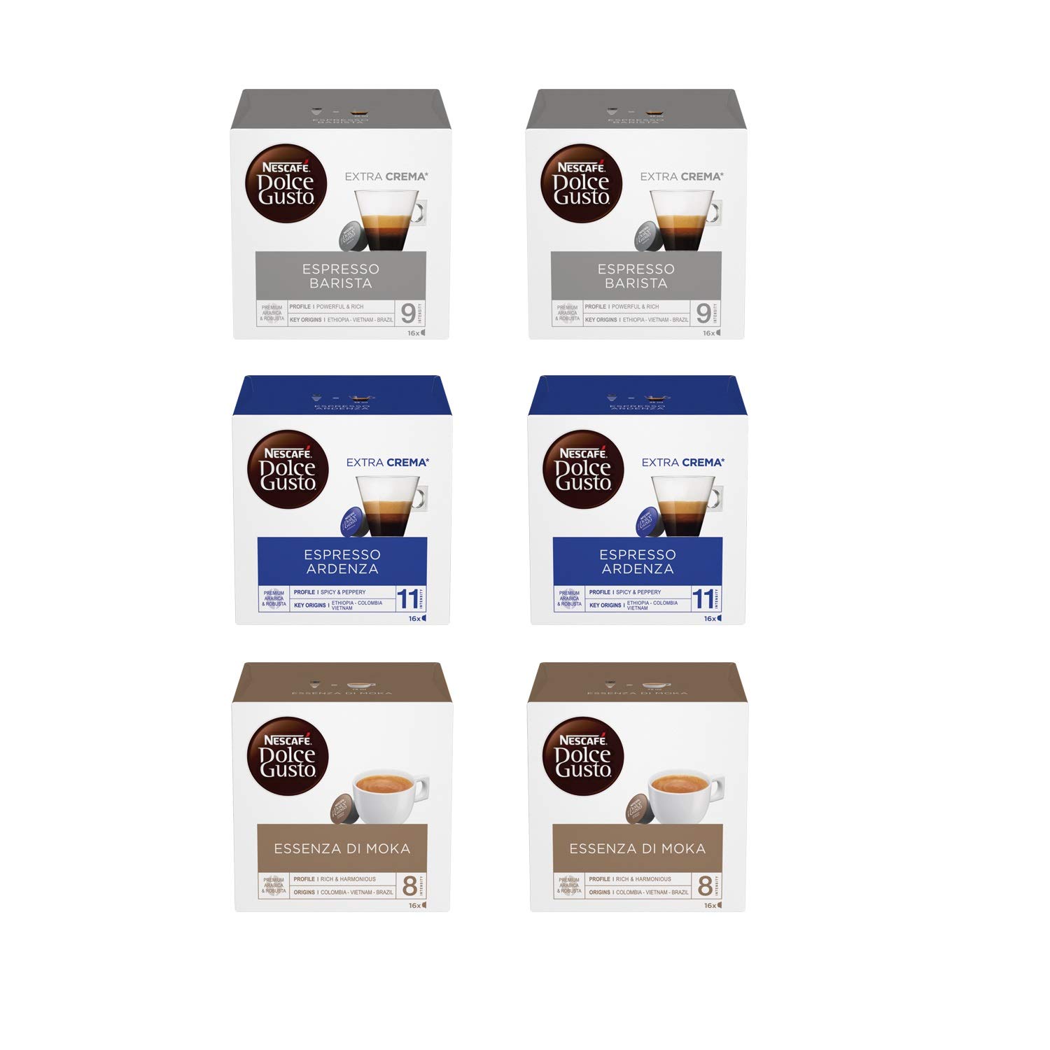 NESCAFÉ DOLCE GUSTO Kit de degustación de café expreso Barista, Espresso Ardenza, Essenza di Moka, 6 paquetes de 16 cápsulas (96 cápsulas compatibles con Nescafé Dolce Gusto)