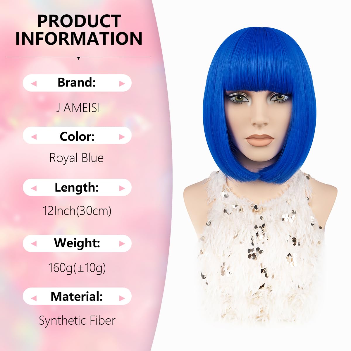 Blue Short Bob Wig 12" Coloured Bob Wig with Bangs Heat Resistant Synthetic Fiber Straight Blonde Hair for Women Cosplay Party Christmas Halloween Daily Use (Royal Blue) - Image 2