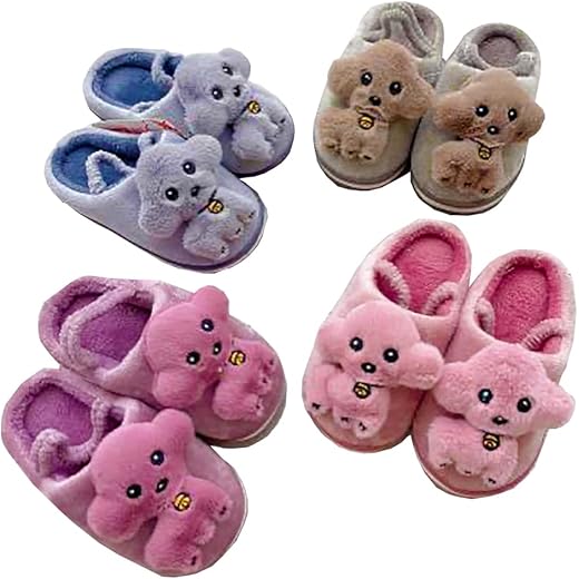 Kids Fur Padded Dog Slippers - Multicolor