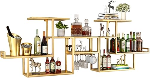 Miniatura 9 de Estantes de metal para bar, estante de vino montado en la pared con soporte colgante para copas de vino para exhibición de botellas de licor, Negro
