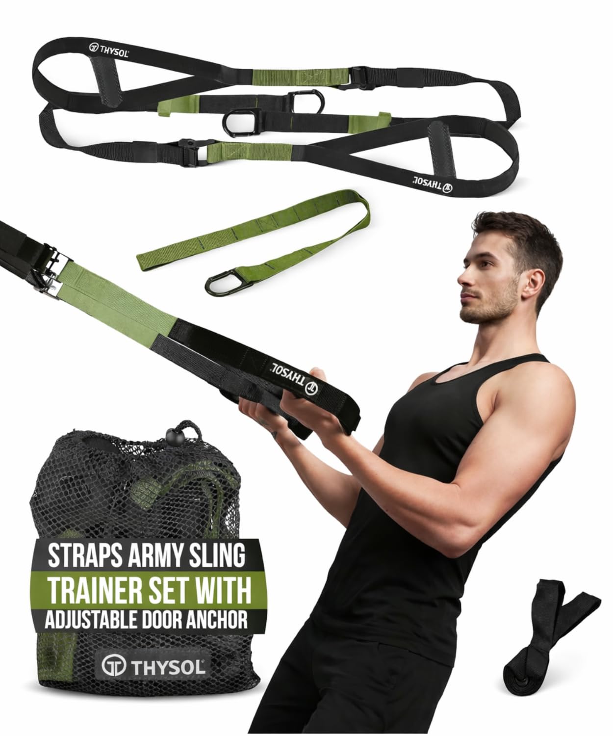 THYSOL® Suspension Trainer Pro Xtreme Straps Army | Sling Trainer Set with Adjustable Door Anchor | Fitness Home Workouts - Suitable for Travelling & for Training Indoor & Outdoor (Army Green)