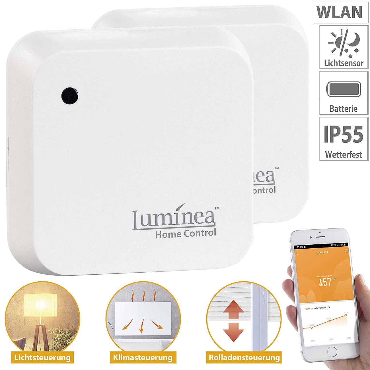 Luminea Home Control Dämmerungssensor: 2er-Set Wetterfeste WLAN-Licht- & Dämmerungs-Sensoren mit App, IP55 (Steckdose mit Sonnensensor, Lichtsensor Smart, Rollo)