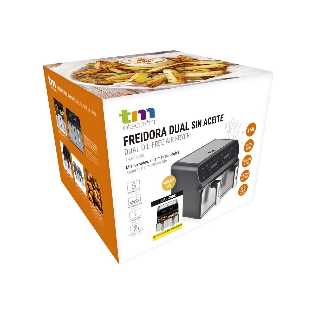TM Electron TMPFR200 AIRMAXX freidora sin aceite con doble compartimento, capacidad de 8L en total (4L+4L), funciones SYNC y MATCHCOOK, revestimiento antiadherente, 8 programas, pantalla táctil, 1700W