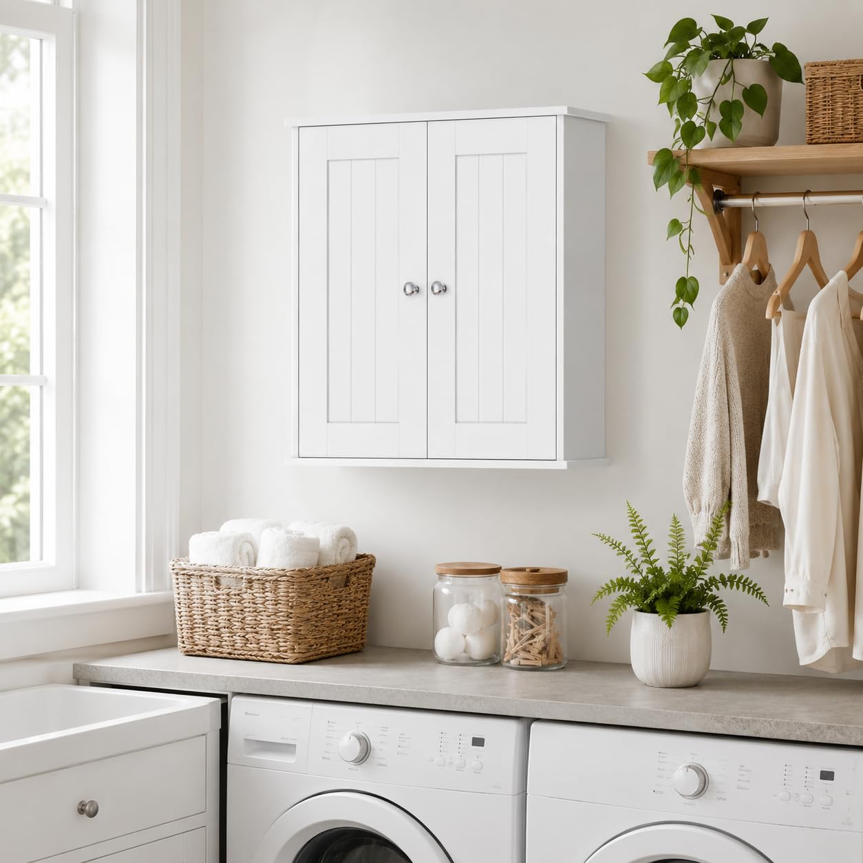 Armoire Murale de Salle de Bain à 2 Portes, Blanche | Étagères réglables, rangement au-dessus des toilettes, pour salle de bain, cuisine, entrée et buanderie
