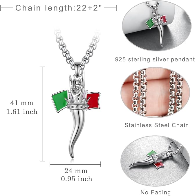 Sterling Silver Lucky Horn Pendant Necklace - Italian Horn Jewelry Gift for Women & Men