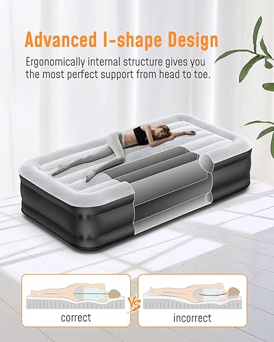 Miniatura 5 de Airefina Colchón de aire Queen & Twin con bomba incorporada, colchón inflable con parte superior flocada para invitados del hogar, portátil y