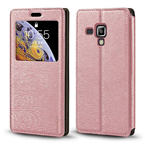 Shantime Funda de Cuero con Ventana Compatible con Samsung Galaxy Trend Plus, Diseño Elegante Vista Clara, Cierre Magnético Oculto Ranura Tarjeta(Oro Rosa)