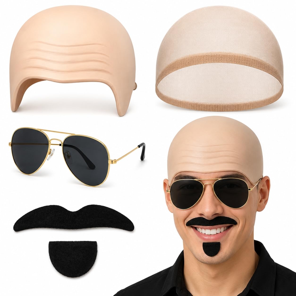 4PCS Bald Cap, Set with Bald Caps, Fake Beard, Sunglasses for Halloween