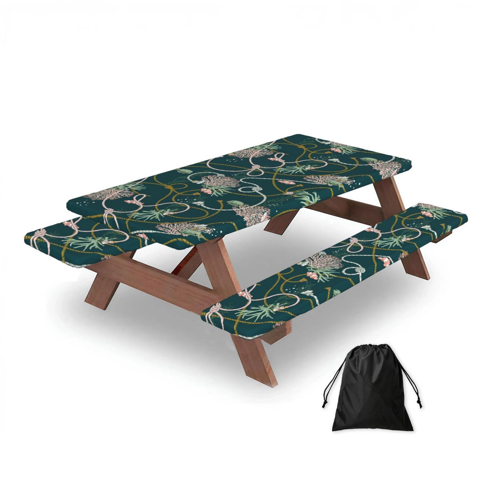 Dopklna As Picture Corals Golden, Picnic Table Cover With Bench Covers -Waterproof Elastic Fitted Tablecloth For Garden Camping Patio 76X152cm