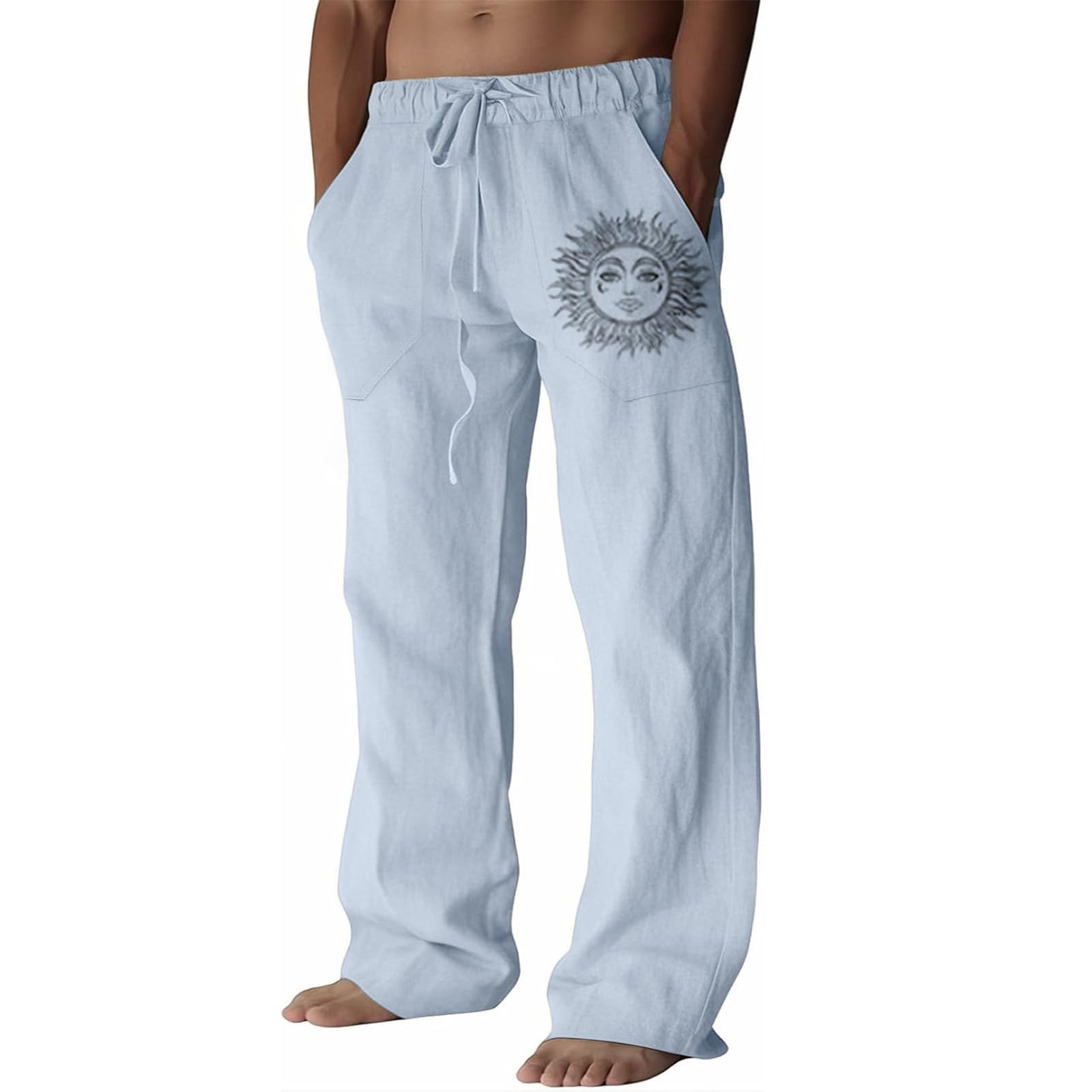 Puimentiua Leinenhose Herren,Lang Leichte Sommerhose,Loose Fit Freizeithose,Baumwollehosen mit Tunnelzug und Taschen (S-3XL)